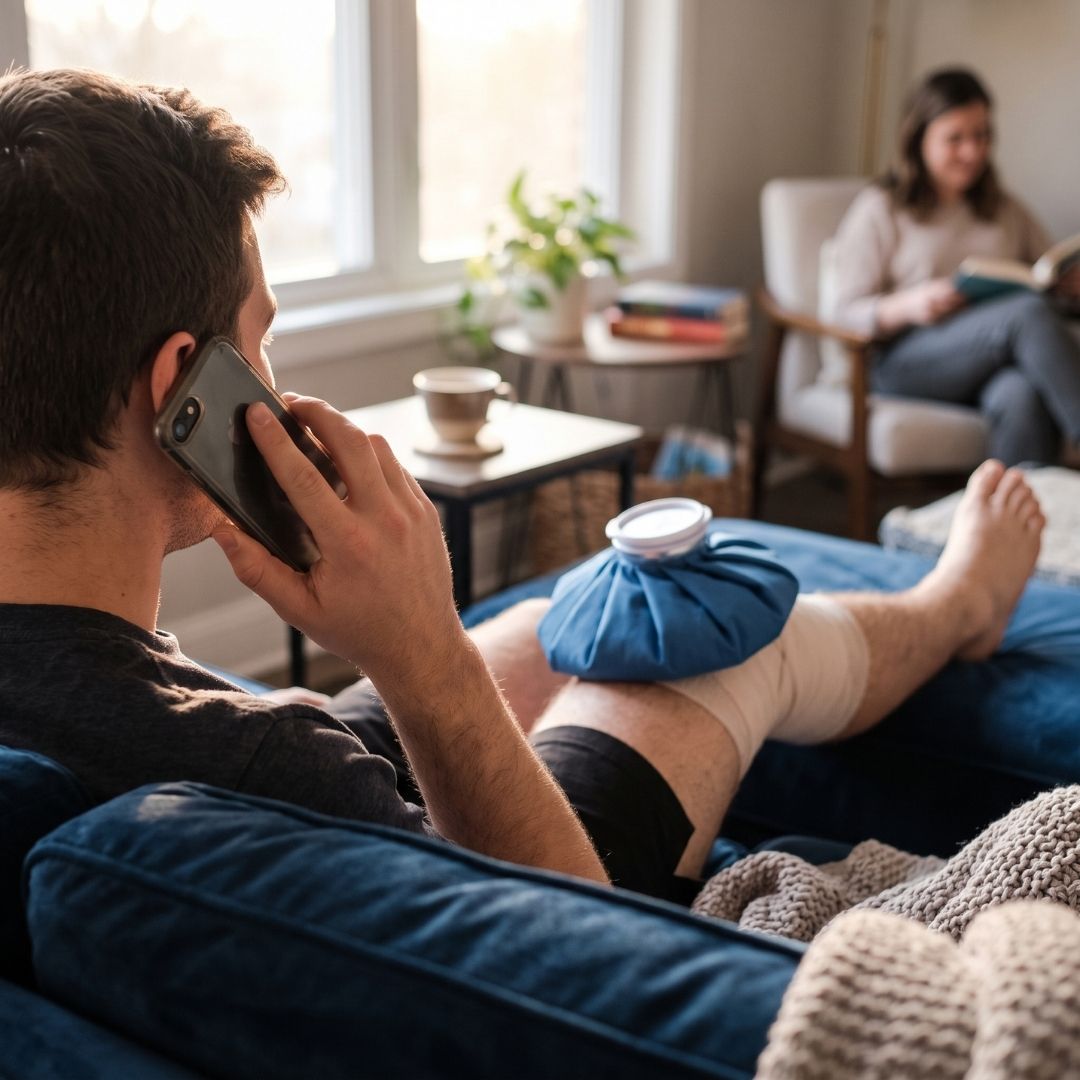 Injured person with an iced knee sitting at home talking on a smartphone.