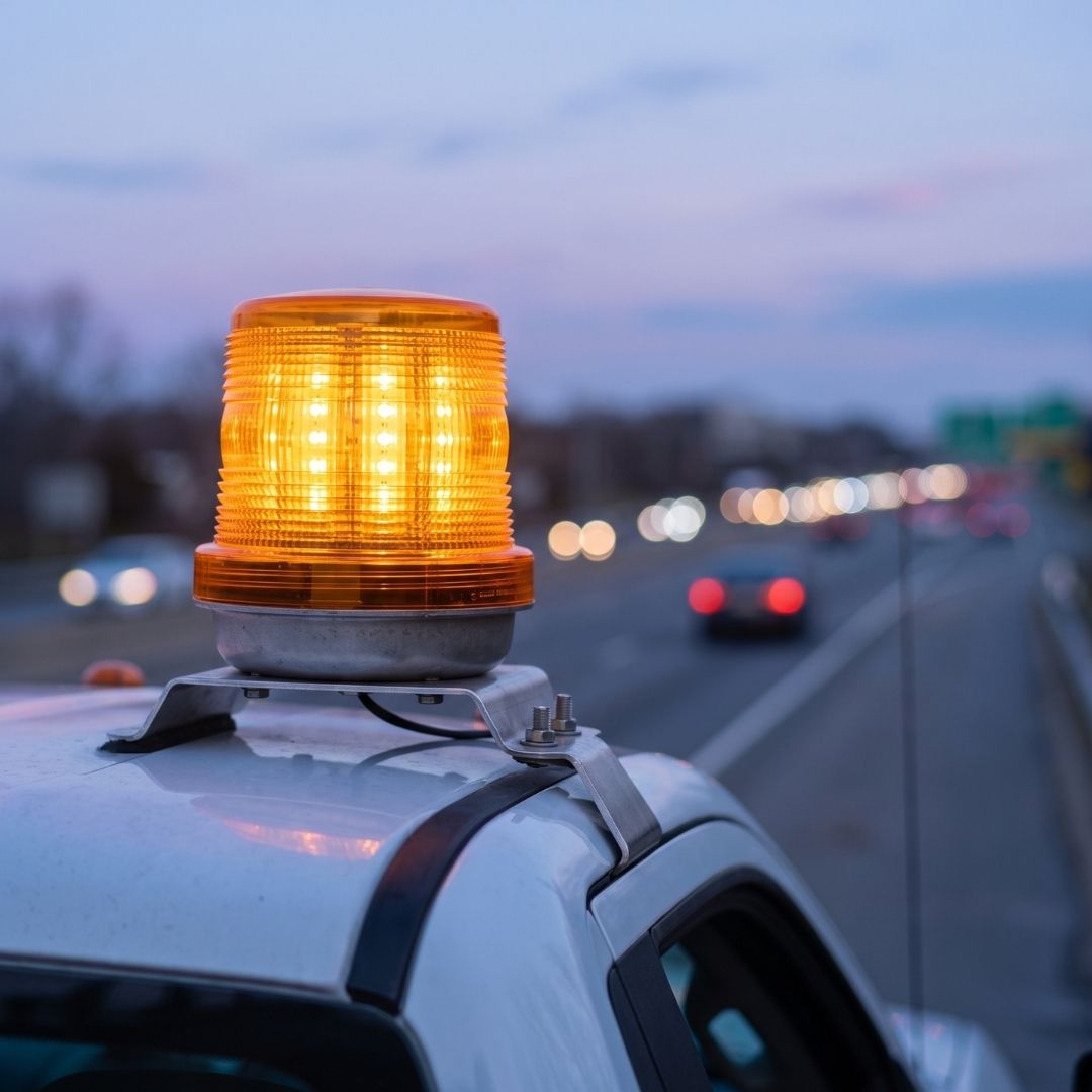 Flashing amber emergency beacon lights on top of a roadside service truck.