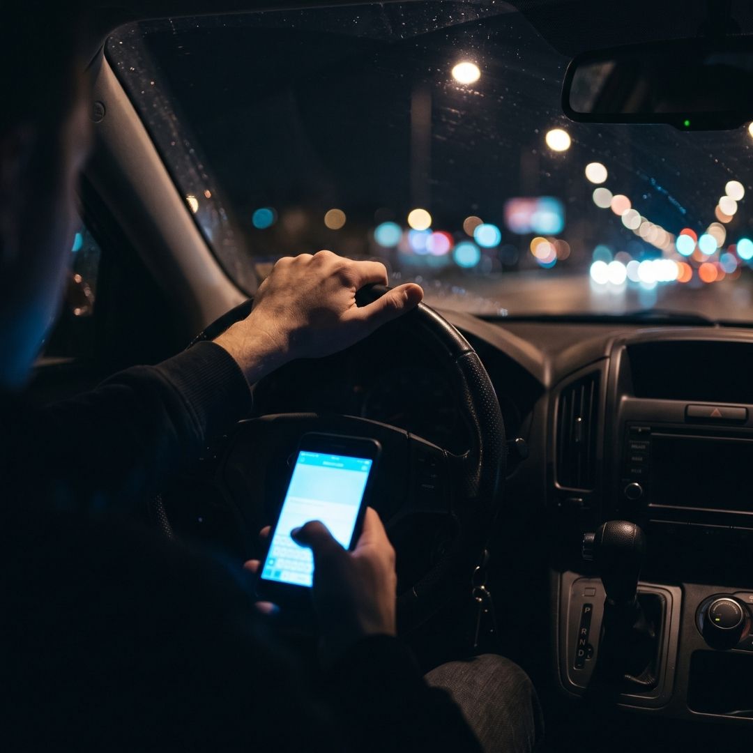 Distracted driver holding a steering wheel while looking down at a glowing smartphone.