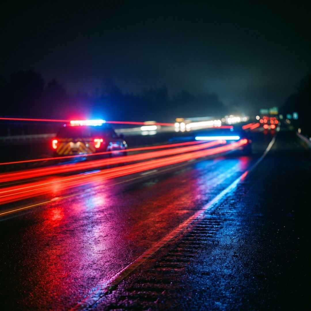 Flashing red and blue emergency lights reflecting off highway asphalt at night.