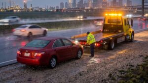 Yellow flatbed tow truck with flashing lights parked on a Houston highway shoulder at dusk.
