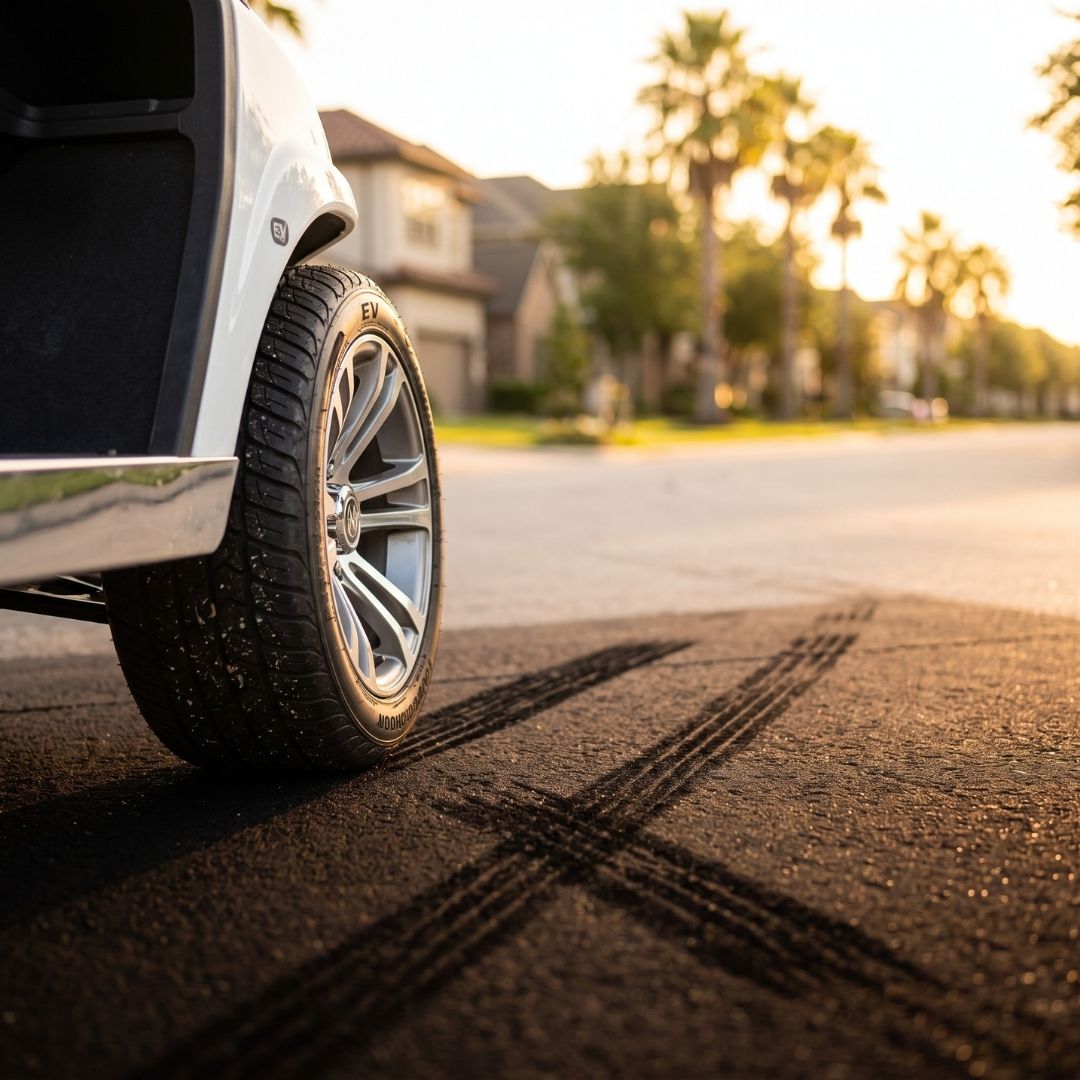 Golf cart tire turned sharply on asphalt leaving rubber tire marks on the street.