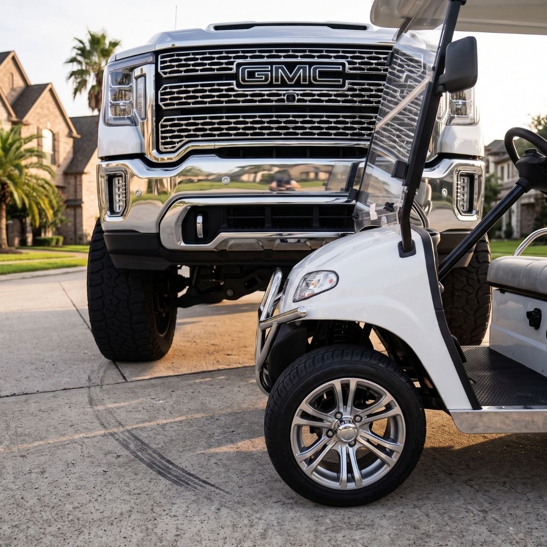 Large pickup truck bumper stopped dangerously close to a lightweight golf cart frame.