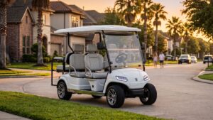 White electric golf cart parked on a residential street in a Houston neighborhood.