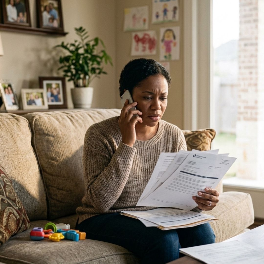 Concerned parent talking on the phone at home while holding medical documents.