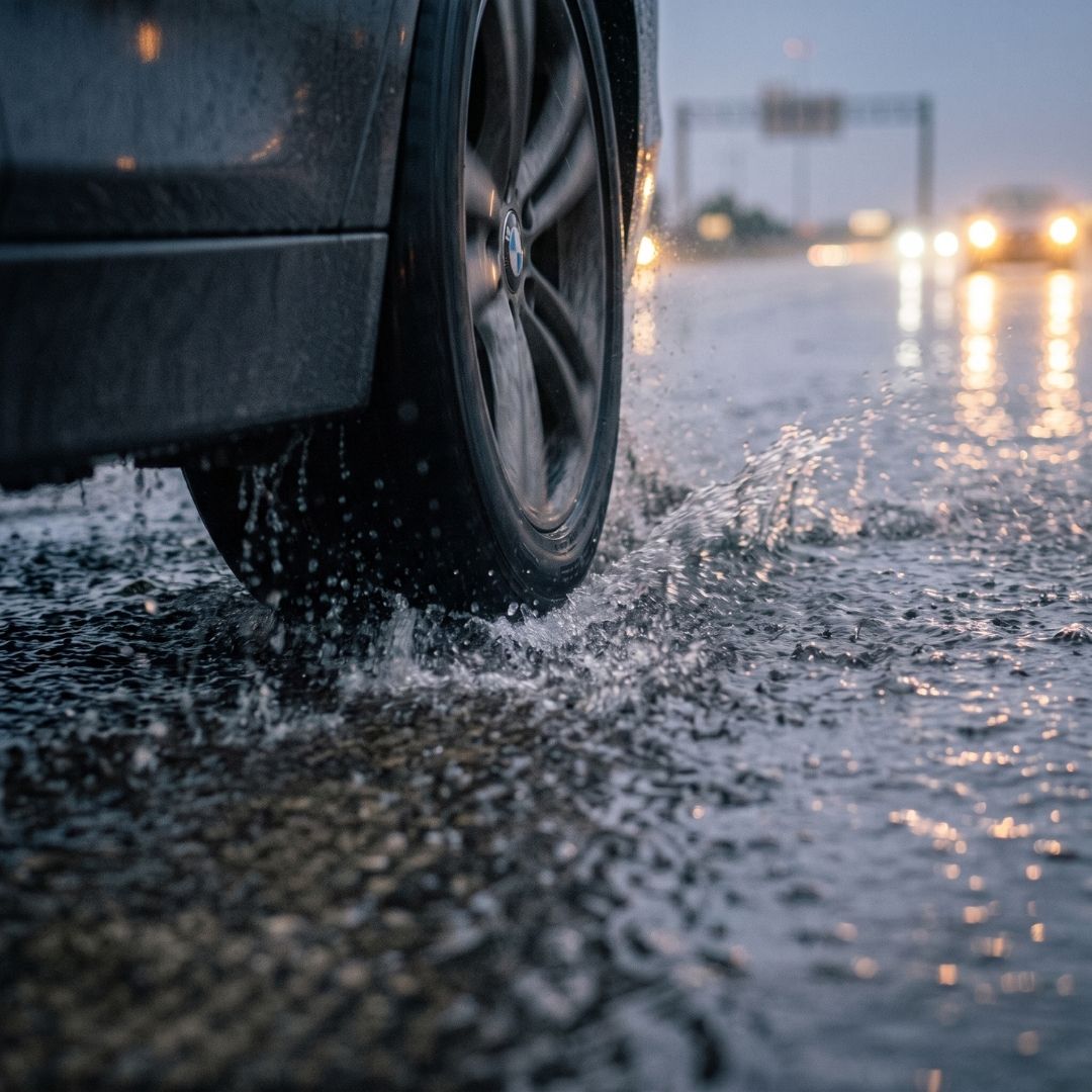 Close-up of a car tire losing traction in deep standing water on a wet road.