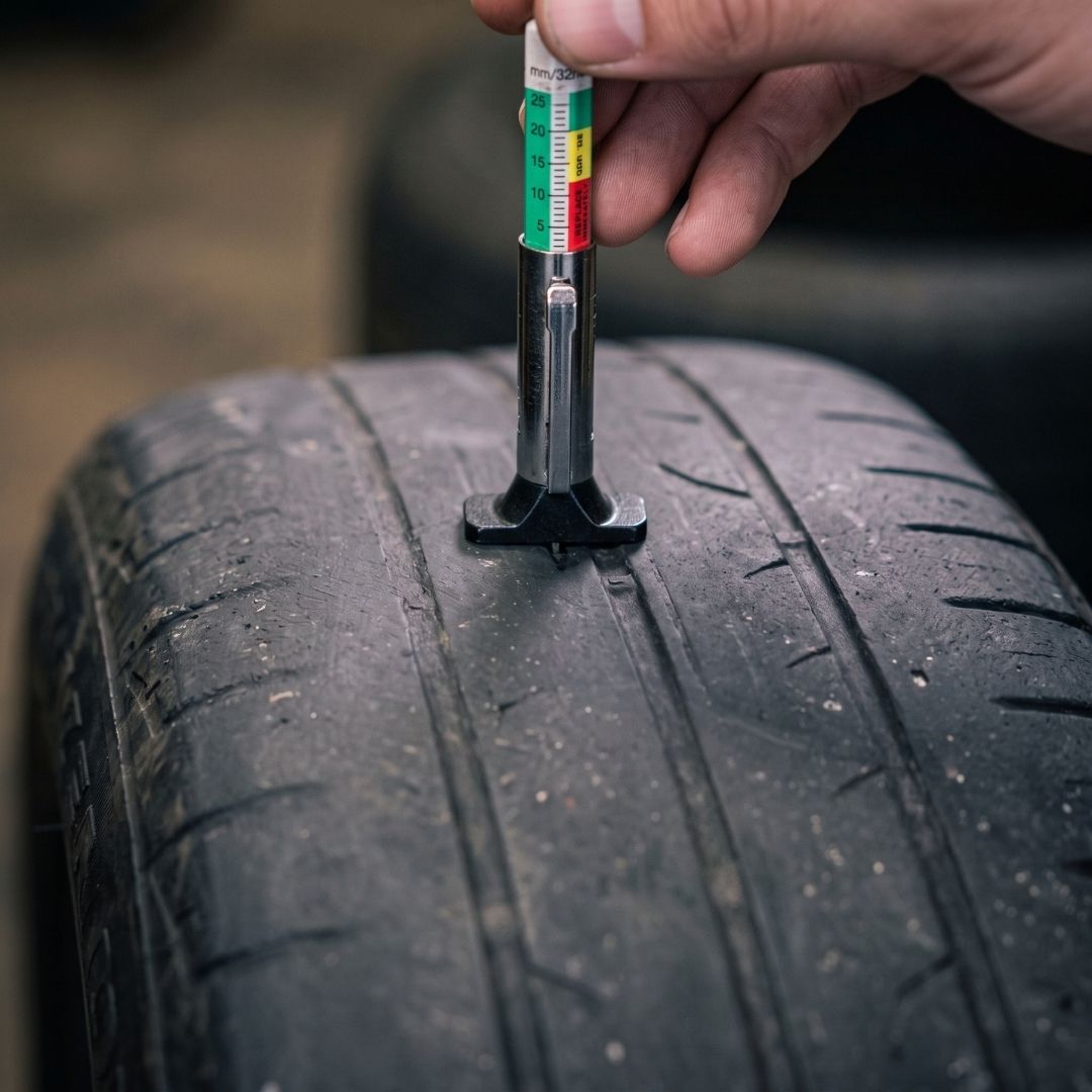 Macro shot of a dangerously worn, bald car tire missing proper tread depth.