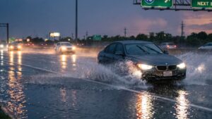 Dark sedan hydroplaning on a rain-slicked Houston highway during a heavy rainstorm.