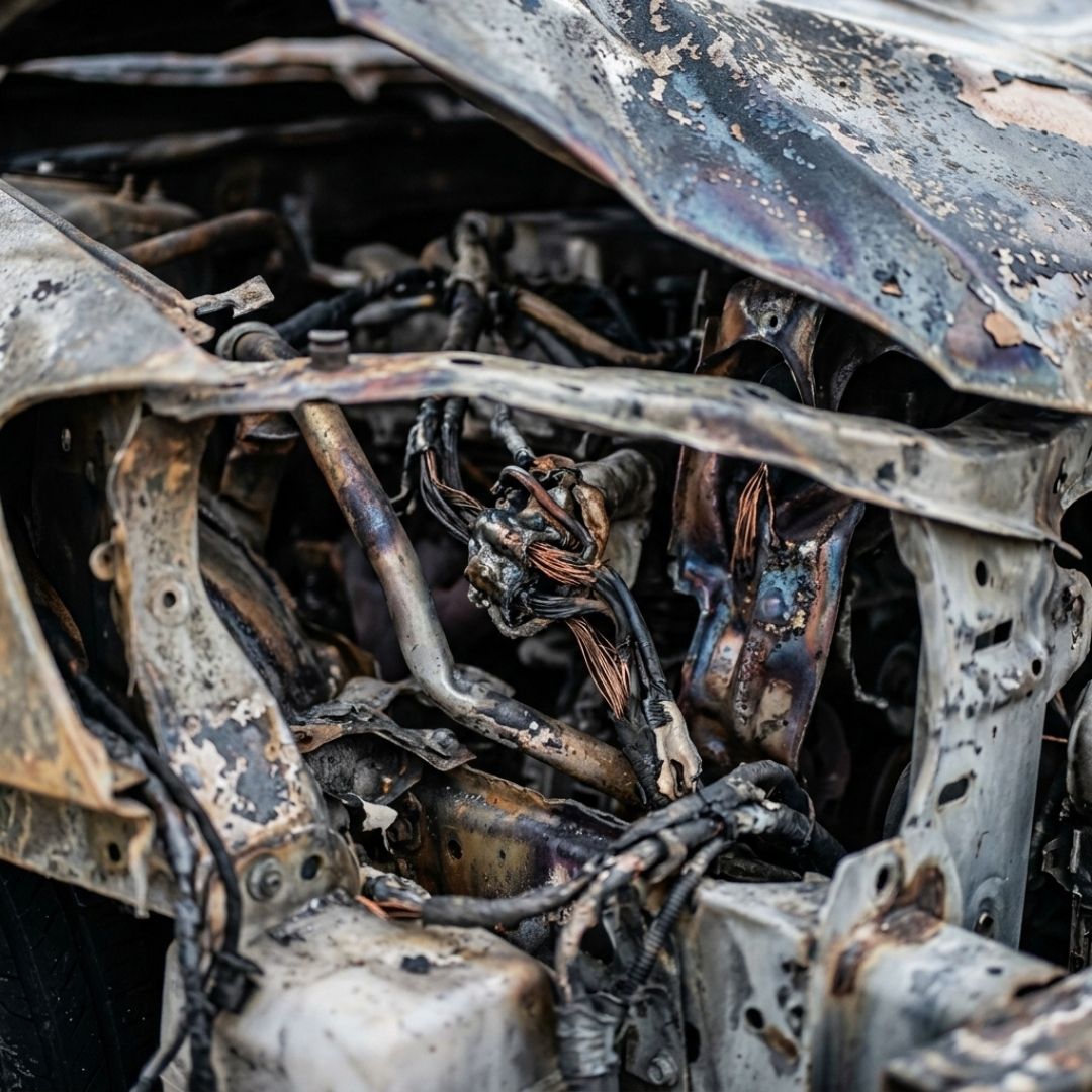Close-up of heat-damaged and crumpled metal chassis of a crashed vehicle.