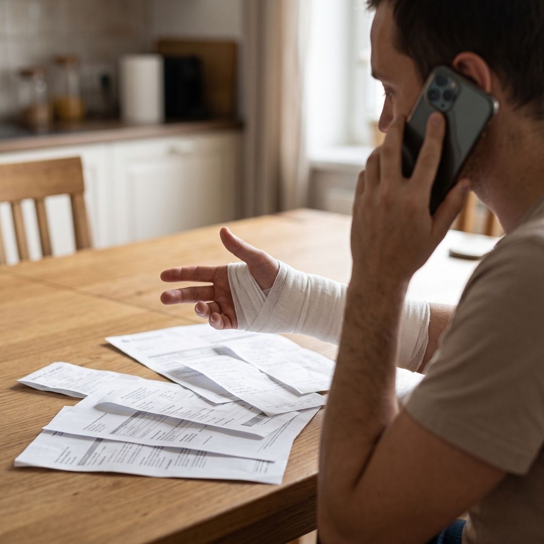 Crash survivor with a bandaged arm on a phone call reviewing medical bills at home.