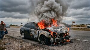 Damaged passenger vehicle engulfed in flames and smoke on a highway shoulder after a crash.