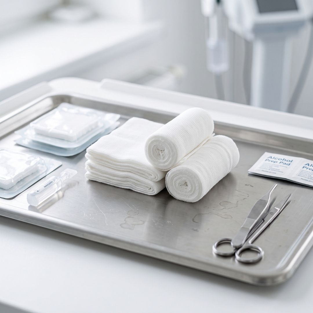 Sterile medical gauze and emergency burn care supplies arranged on a medical tray.