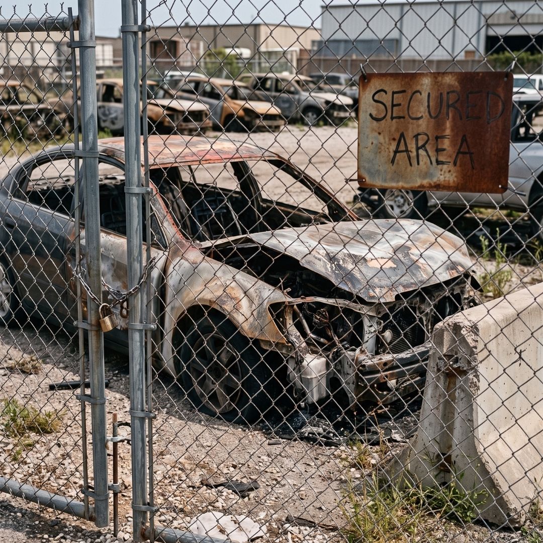 Burned vehicle impounded behind a chain-link fence in a secure storage lot.
