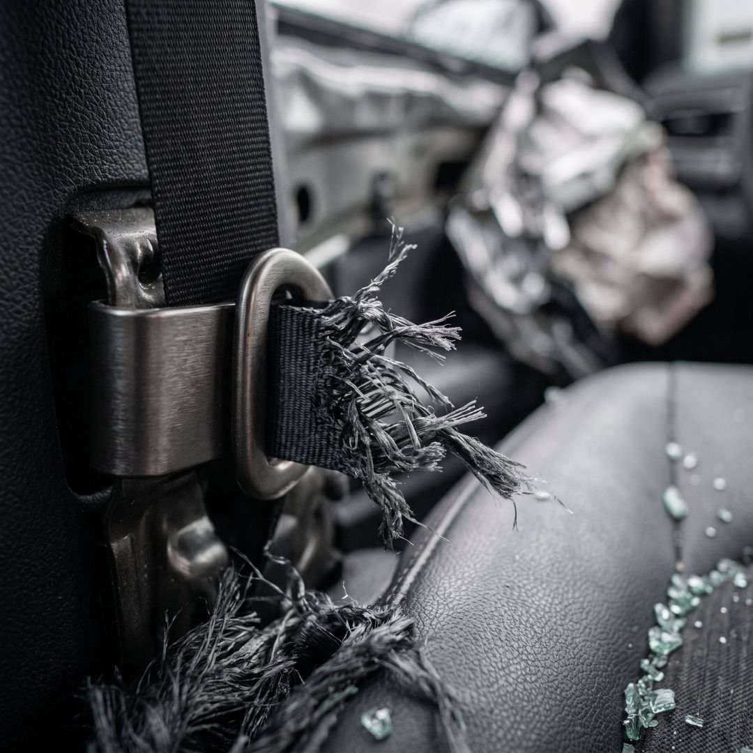 Frayed and torn nylon seatbelt strap showing woven fiber damage after a crash.