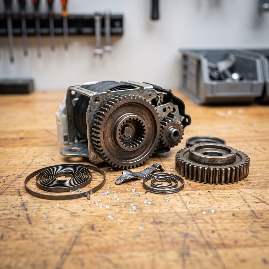 Internal gears and mechanical latch springs of an auto seatbelt retractor assembly.