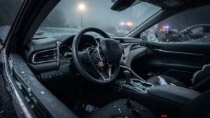 Interior of a crashed car with a damaged dashboard and an un-deployed steering wheel airbag.