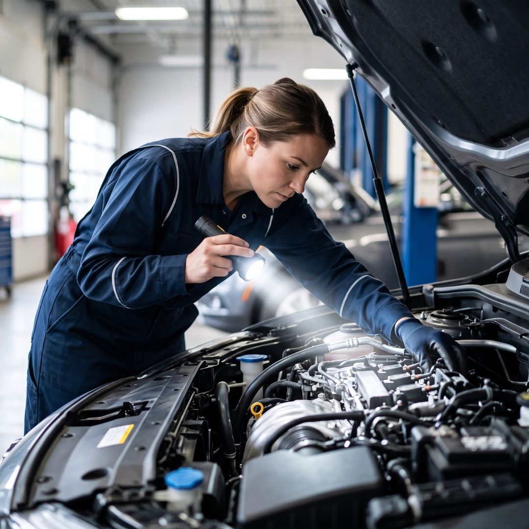 Automotive technician inspecting an open car engine bay with a flashlight.
