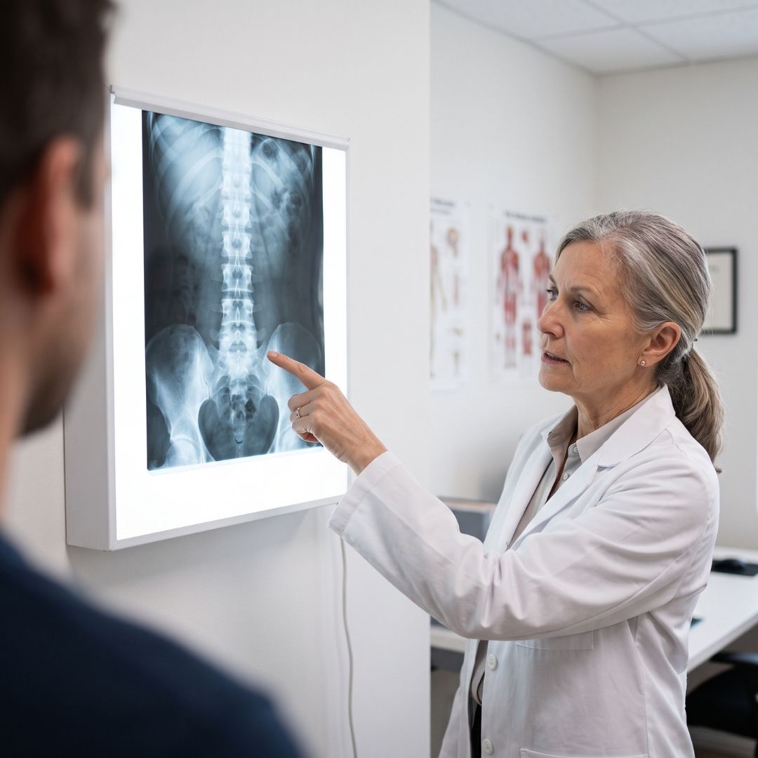 Medical specialist pointing to a spinal X-ray film on a light board for a patient.